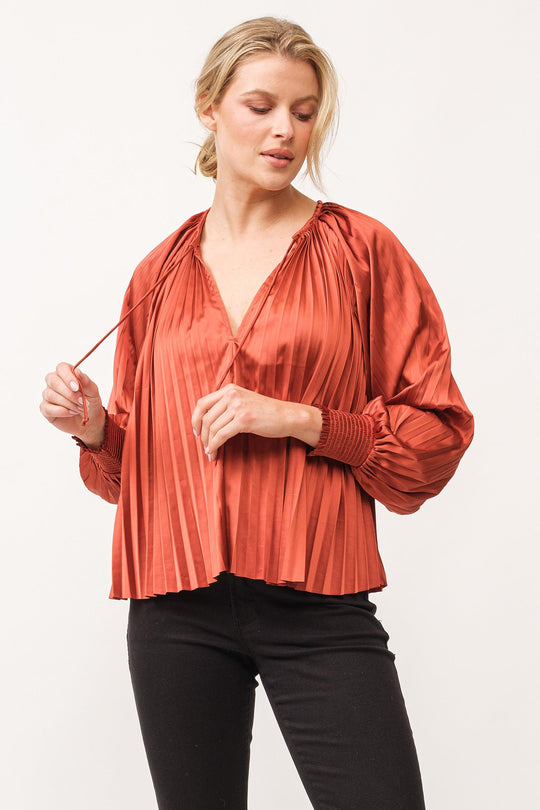 deletta-pleated-satin-ruched-cuff-top-cathay-spice