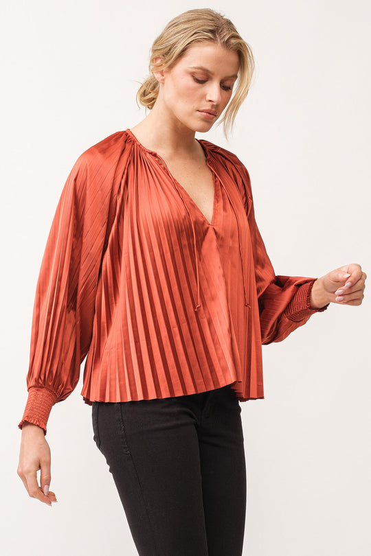 deletta-pleated-satin-ruched-cuff-top-cathay-spice