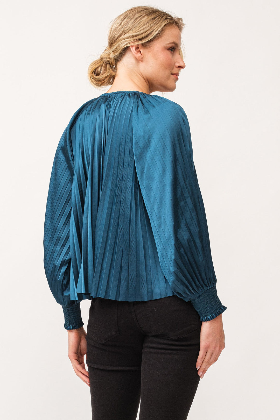 deletta-pleated-satin-ruched-cuff-top-deep-teal