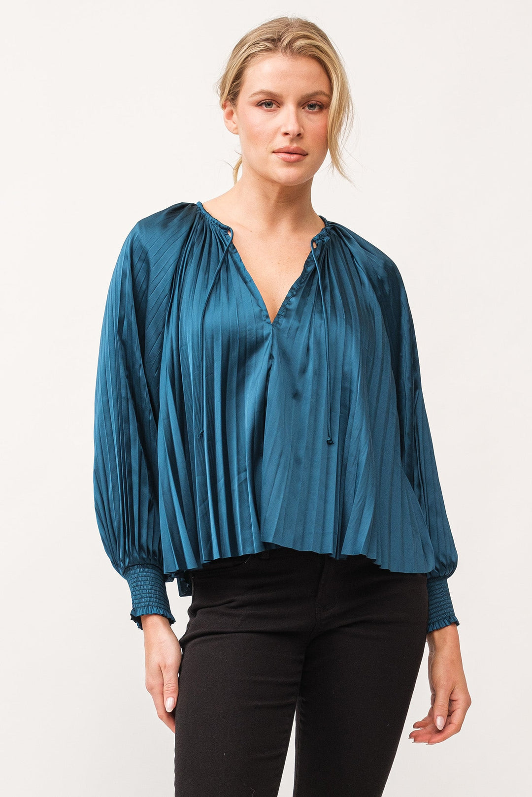 deletta-pleated-satin-ruched-cuff-top-deep-teal