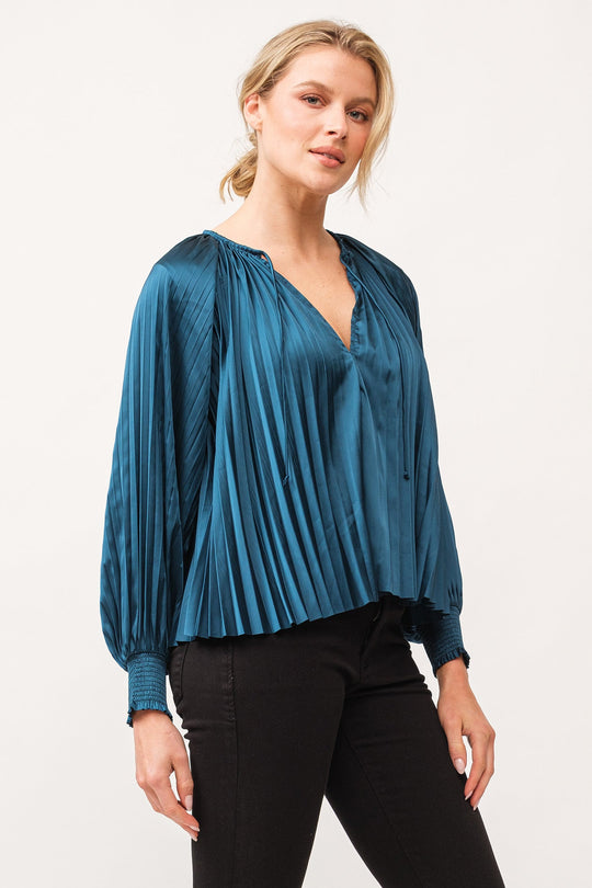 deletta-pleated-satin-ruched-cuff-top-deep-teal