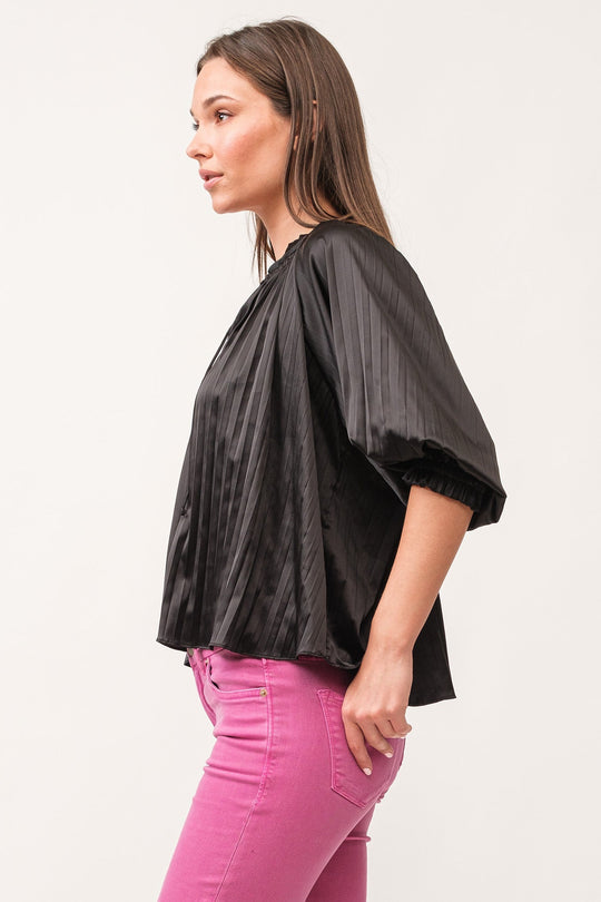 anais-ruched-neck-3/4-sleeve-pleated-top-black