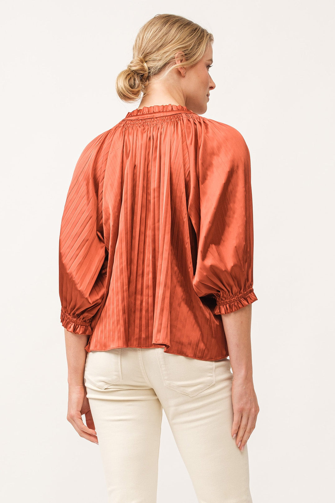 anais-ruched-neck-3/4-sleeve-pleated-top-cathay-spice