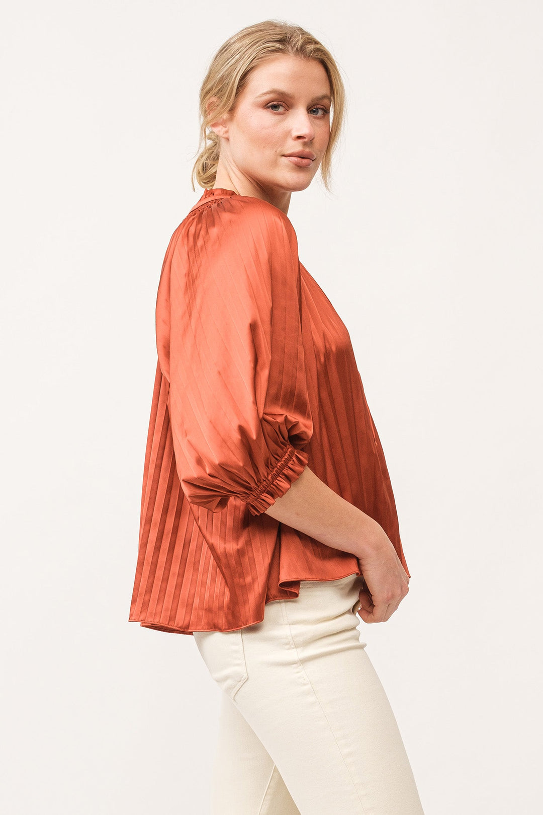 anais-ruched-neck-3/4-sleeve-pleated-top-cathay-spice