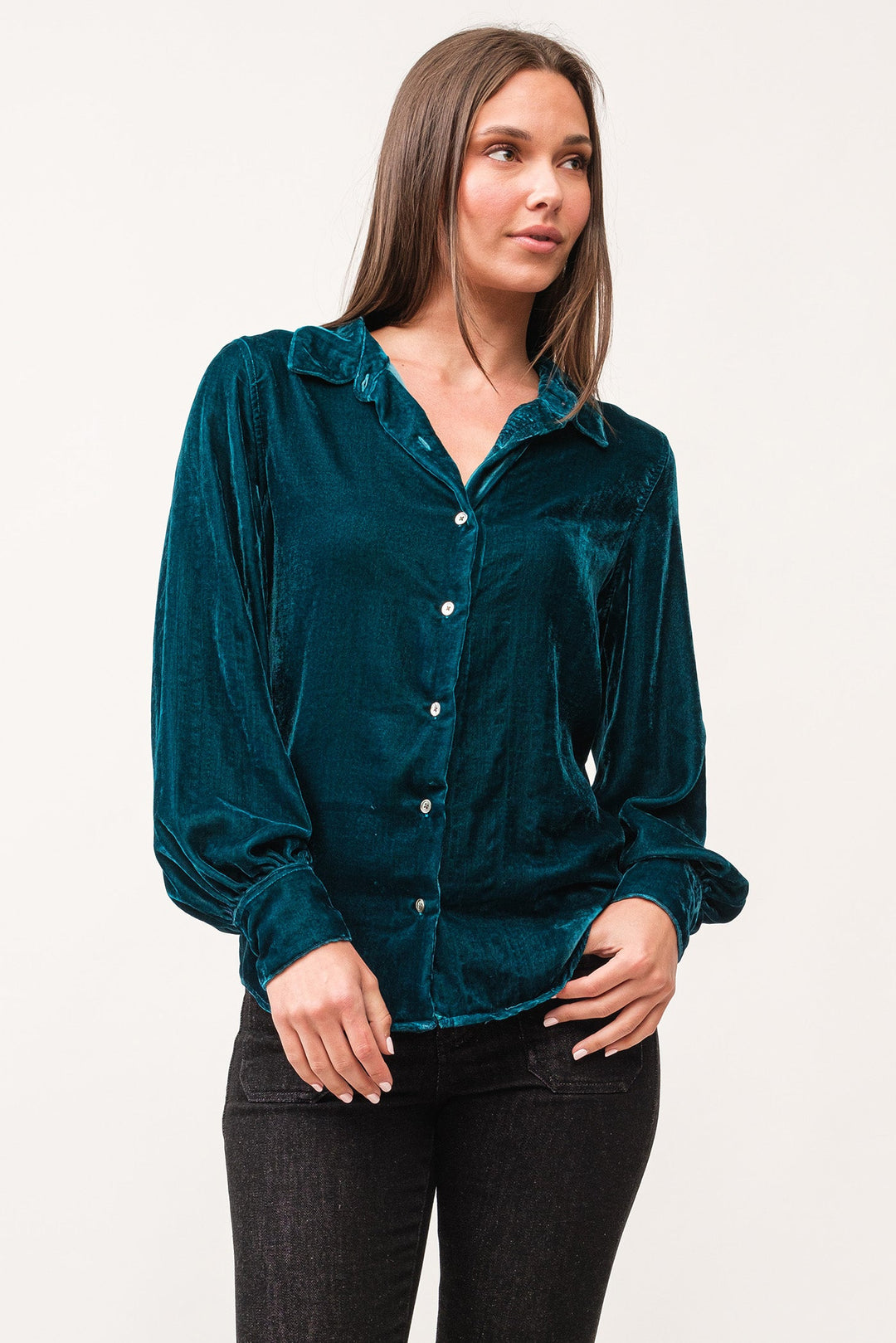 image of a female model wearing a MIRABELLE COLLARED BUTTON DOWN LONG SLEEVE SHIRT DEEP TEAL DEAR JOHN DENIM 