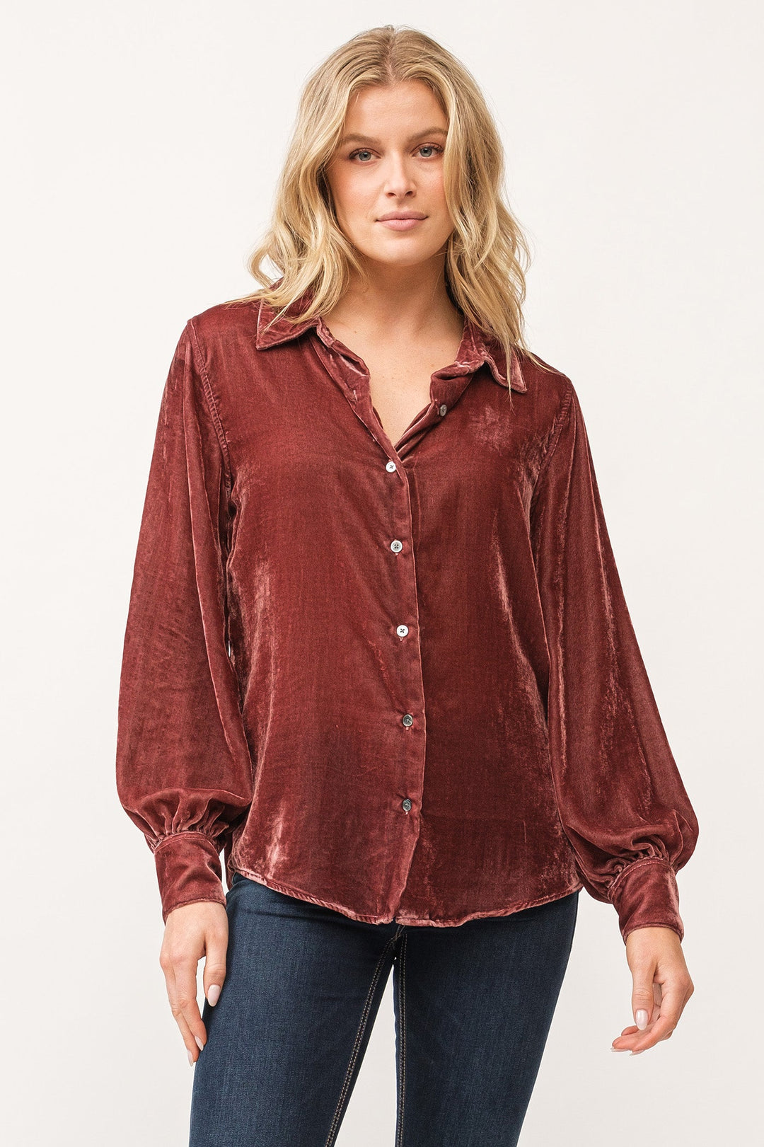 image of a female model wearing a MIRABELLE COLLARED BUTTON DOWN LONG SLEEVE SHIRT MARRON DEAR JOHN DENIM 