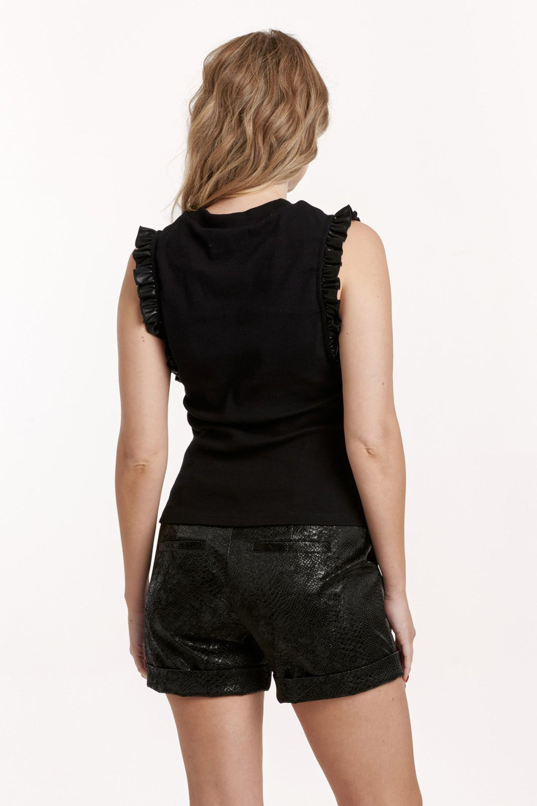 image of a female model wearing a BRIDGET RUFFLE TRIMMED TOP BLACK DEAR JOHN DENIM 