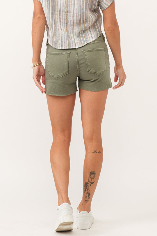 image of a female model wearing a GIGI MID RISE SHORTS OLIVE DEAR JOHN DENIM 