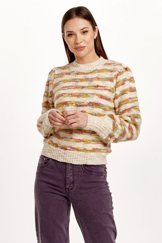 image of a female model wearing a JASMINE LONG SLEEVE SWEATER SEASIDE STRIPE DEAR JOHN DENIM 