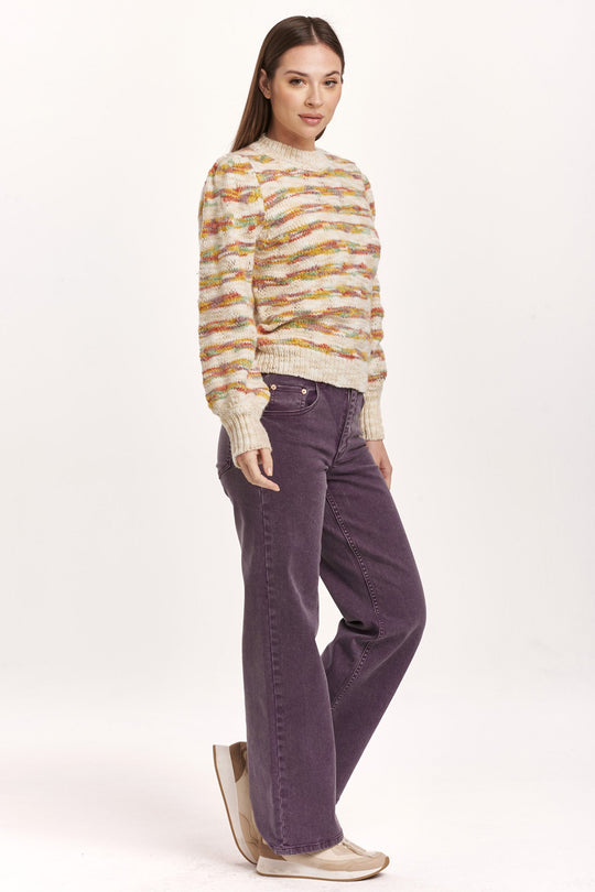 image of a female model wearing a JASMINE LONG SLEEVE SWEATER SEASIDE STRIPE DEAR JOHN DENIM 