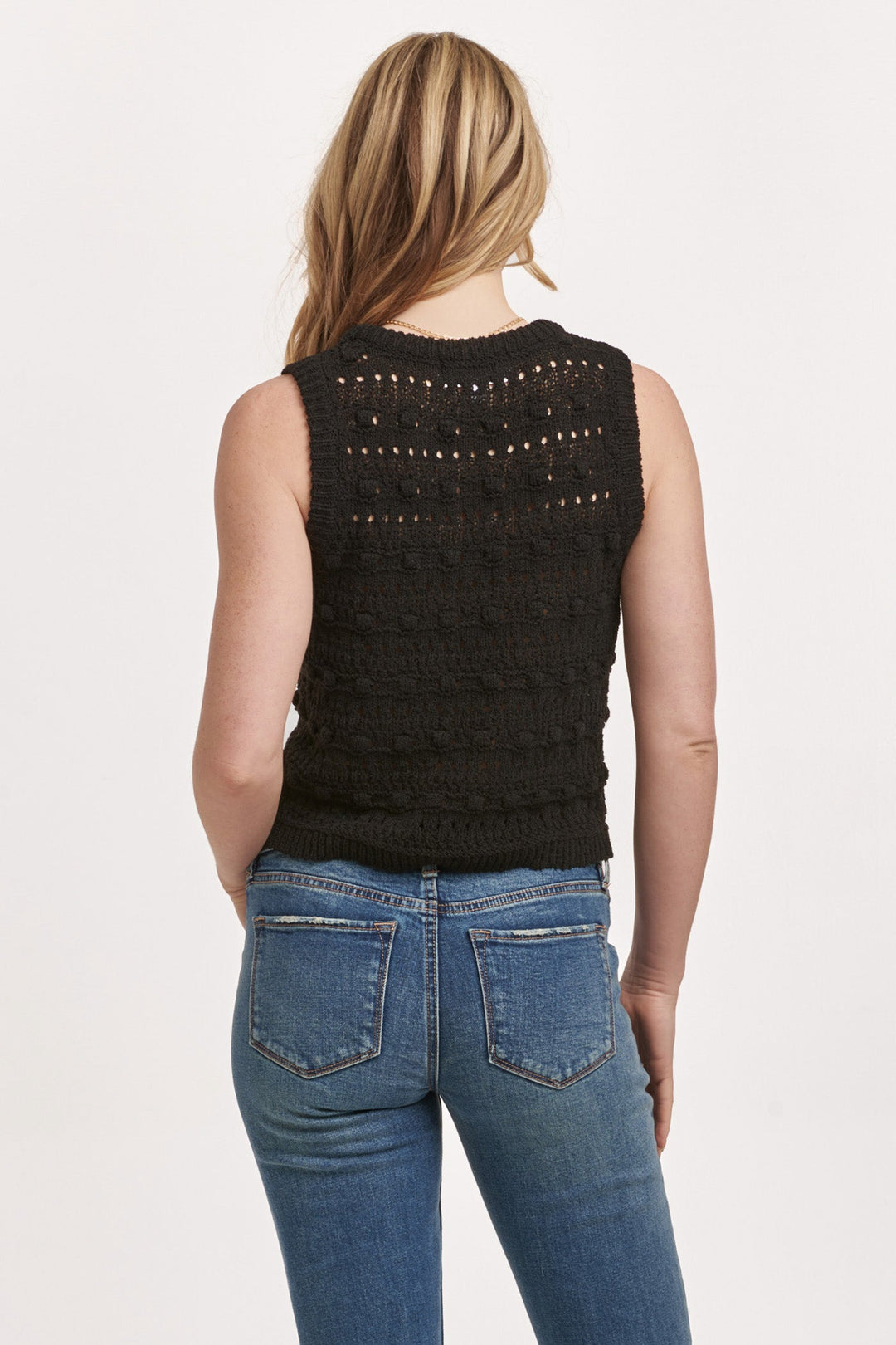 image of a female model wearing a MAGNOLIA POINTELLE TANK BLACK DEAR JOHN DENIM 