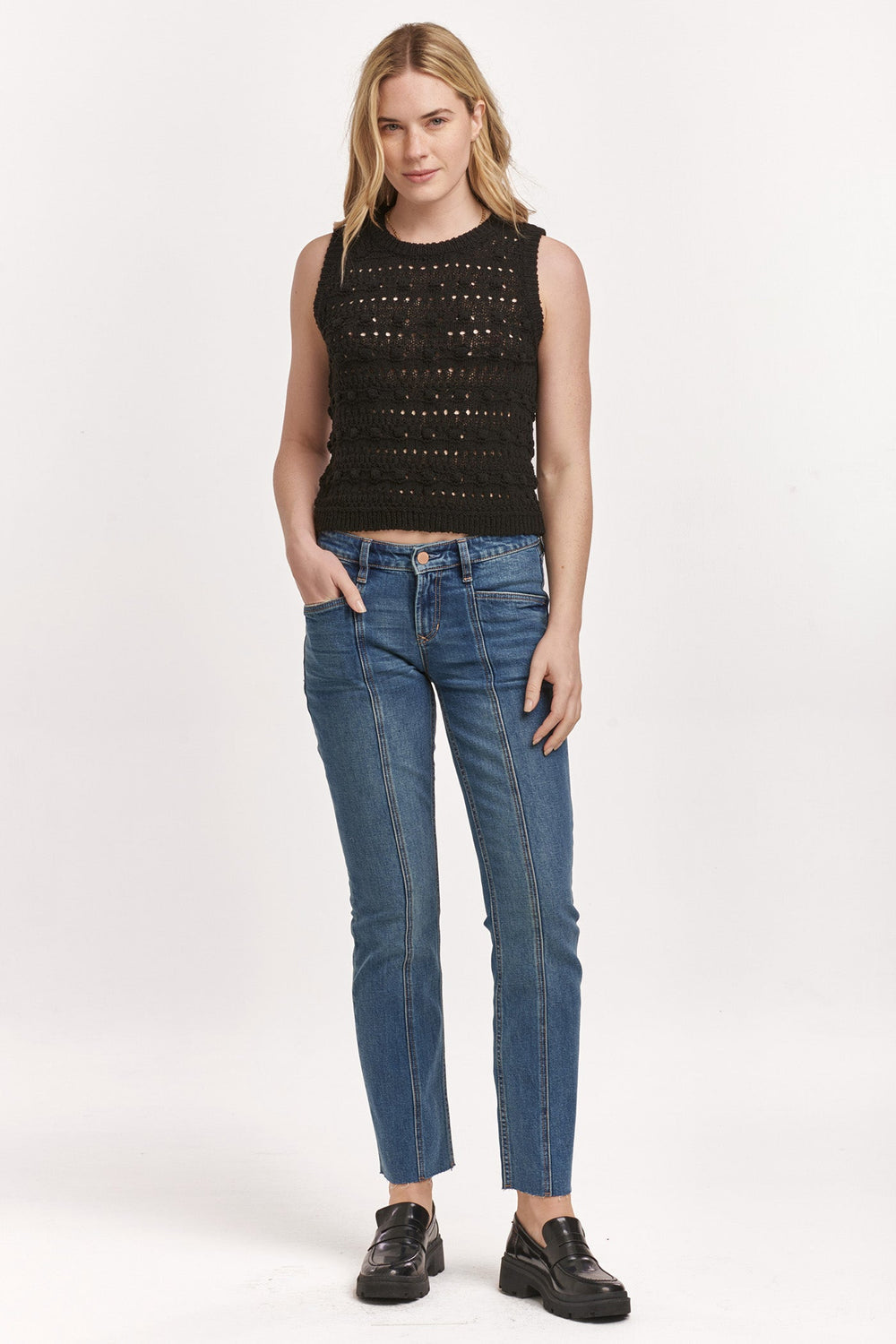 image of a female model wearing a MAGNOLIA POINTELLE TANK BLACK DEAR JOHN DENIM 