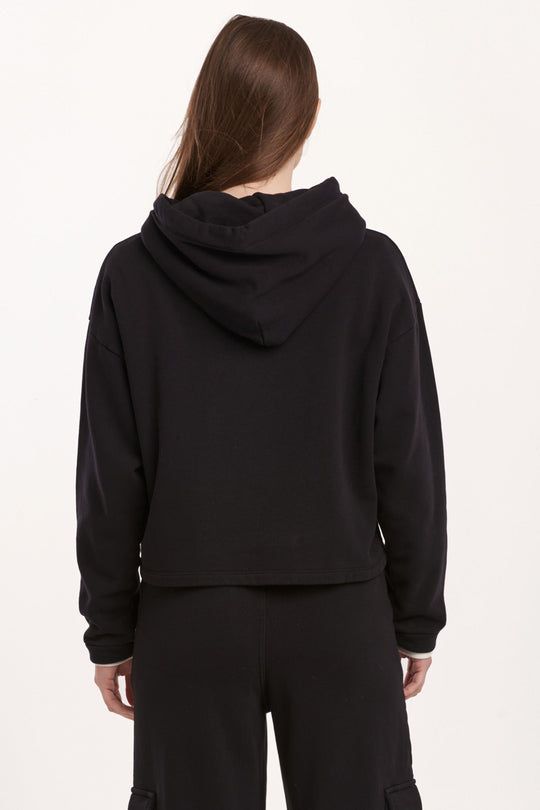 image of a female model wearing a PAXTON HOODIE SWEATSHIRT BLACK DEAR JOHN DENIM 