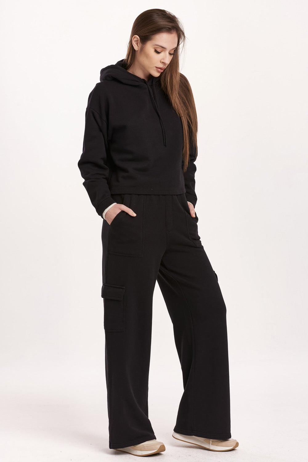 image of a female model wearing a PAXTON HOODIE SWEATSHIRT BLACK DEAR JOHN DENIM 