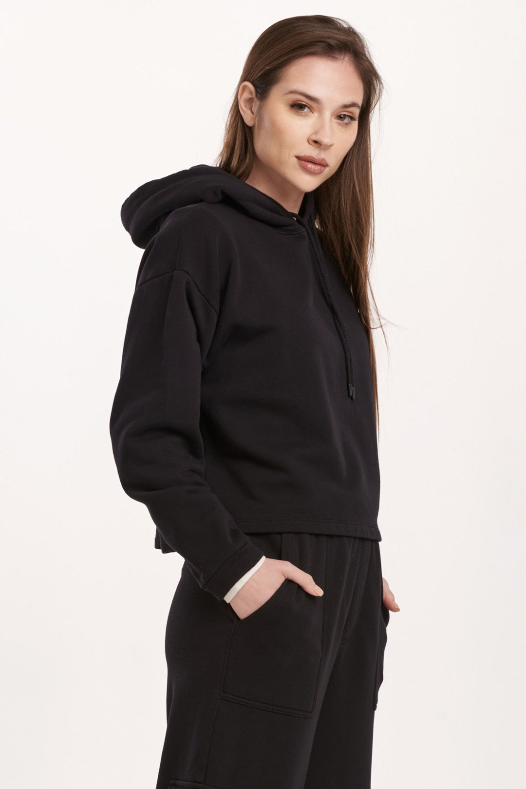 image of a female model wearing a PAXTON HOODIE SWEATSHIRT BLACK DEAR JOHN DENIM 