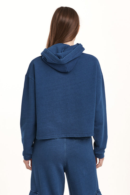 image of a female model wearing a PAXTON HOODIE SWEATSHIRT DARK INDIGO DEAR JOHN DENIM 