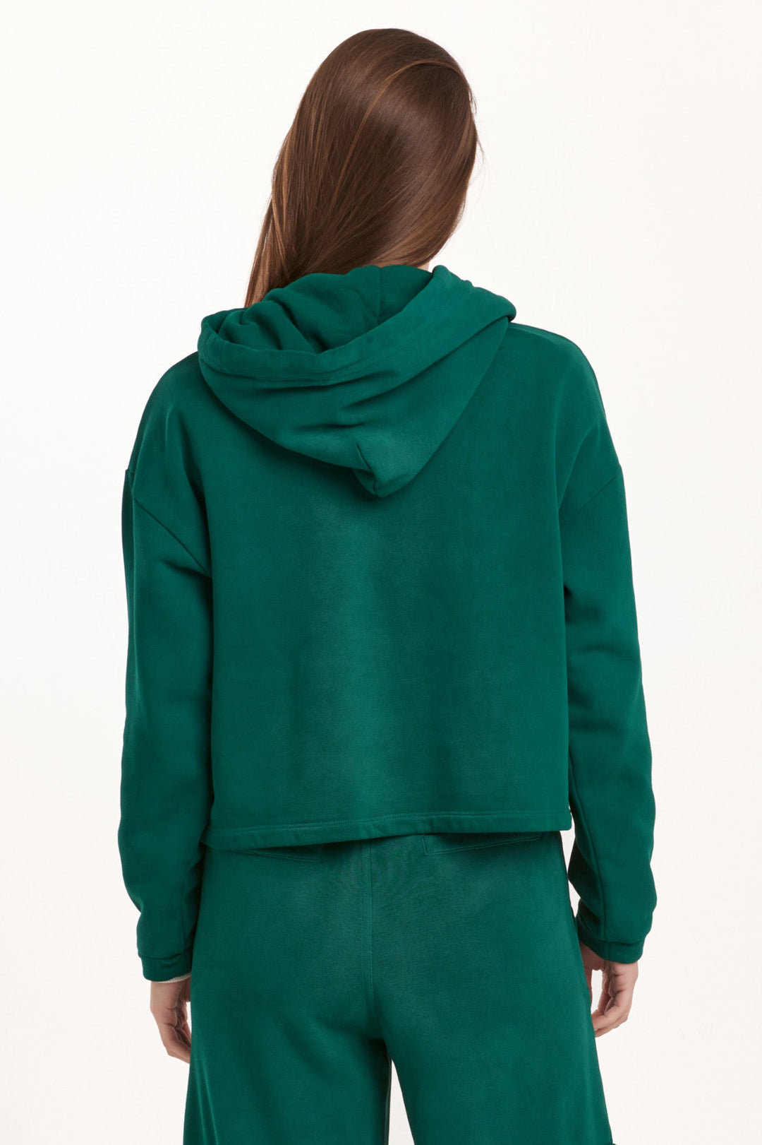 image of a female model wearing a PAXTON HOODIE SWEATSHIRT DEEP EMERALD DEAR JOHN DENIM 