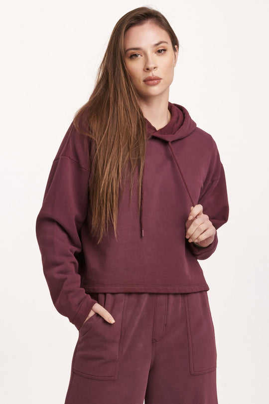 image of a female model wearing a PAXTON HOODIE SWEATSHIRT PLUM BERRY DEAR JOHN DENIM 