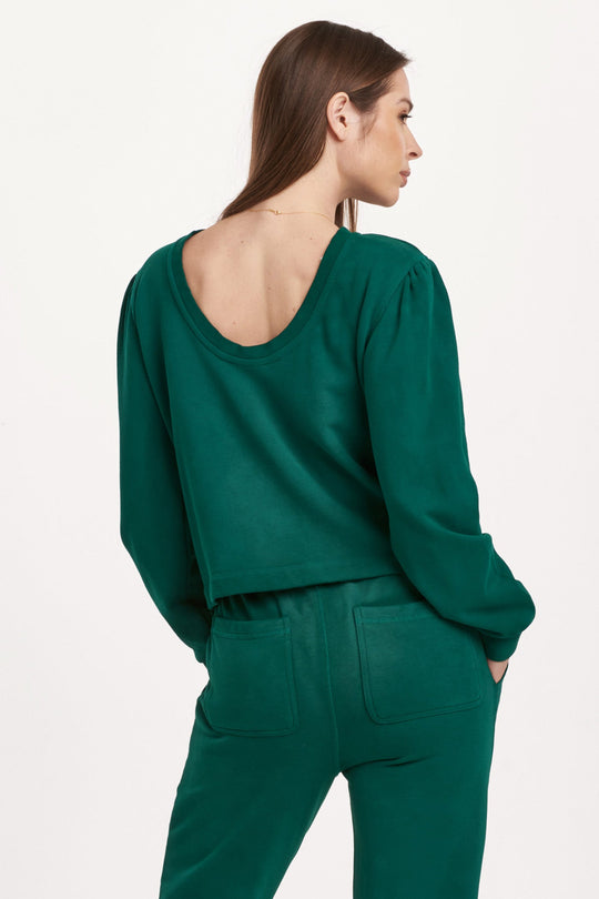 image of a female model wearing a RAYA SCOOP BACK SWEATSHIRT DEEP EMERALD DEAR JOHN DENIM 