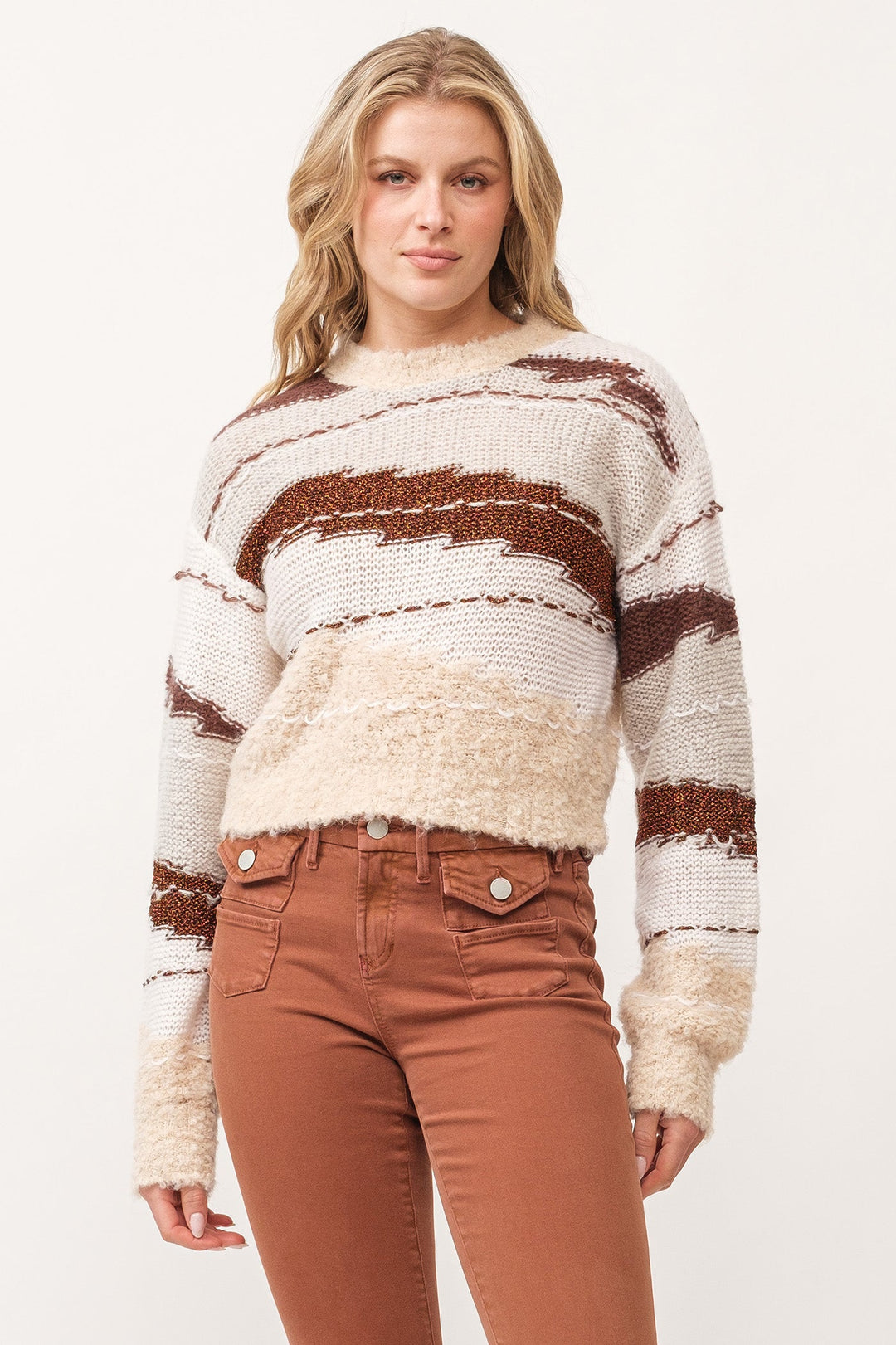 image of a female model wearing a GABRIELA CREW NECK LONG SLEEVE RELAXED FIT SWEATER TOASTED GINGERBREAD DEAR JOHN DENIM 