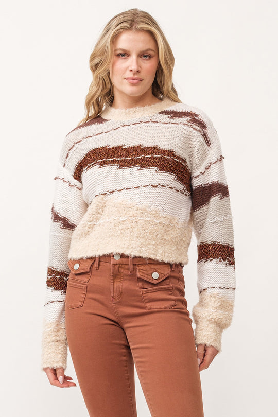 image of a female model wearing a GABRIELA CREW NECK LONG SLEEVE RELAXED FIT SWEATER TOASTED GINGERBREAD DEAR JOHN DENIM 