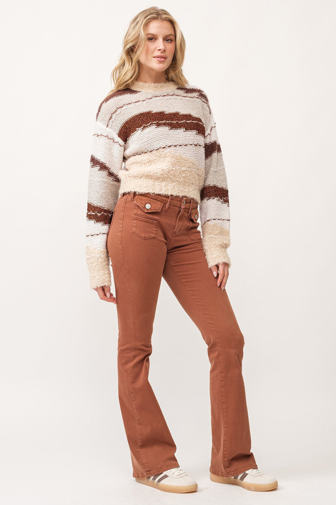 image of a female model wearing a GABRIELA CREW NECK LONG SLEEVE RELAXED FIT SWEATER TOASTED GINGERBREAD DEAR JOHN DENIM 