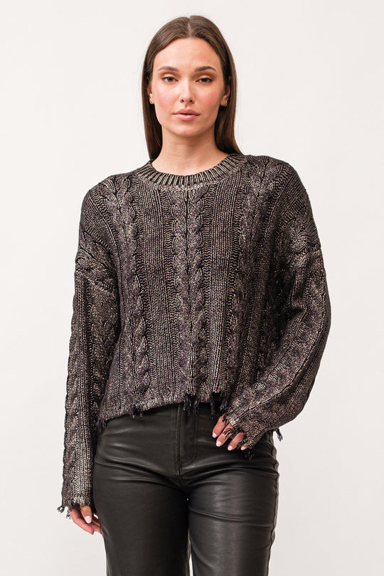 image of a female model wearing a KRIS CREW NECK LONG SLEEVE RELAXED FIT SWEATER GUNMETAL DEAR JOHN DENIM 