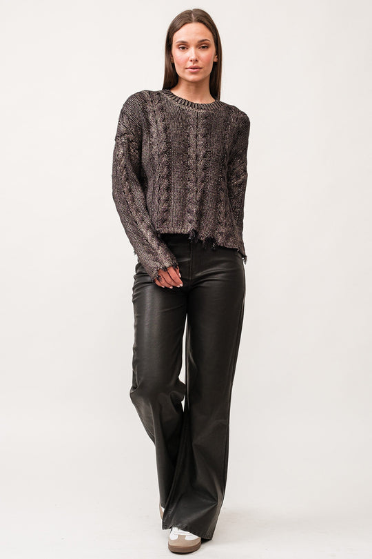 image of a female model wearing a KRIS CREW NECK LONG SLEEVE RELAXED FIT SWEATER GUNMETAL DEAR JOHN DENIM 