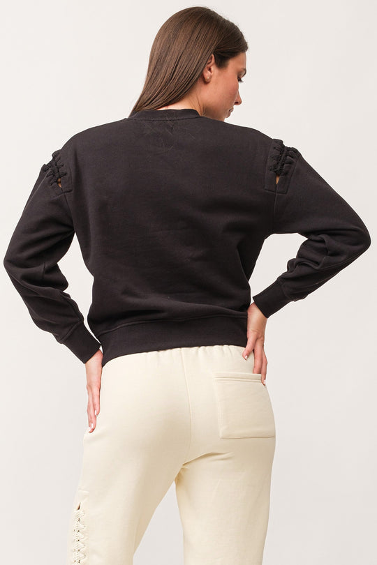 image of a female model wearing a LUCINDA CREW NECK LONG SLEEVE RELAXED FIT SWEATER BLACK DEAR JOHN DENIM 