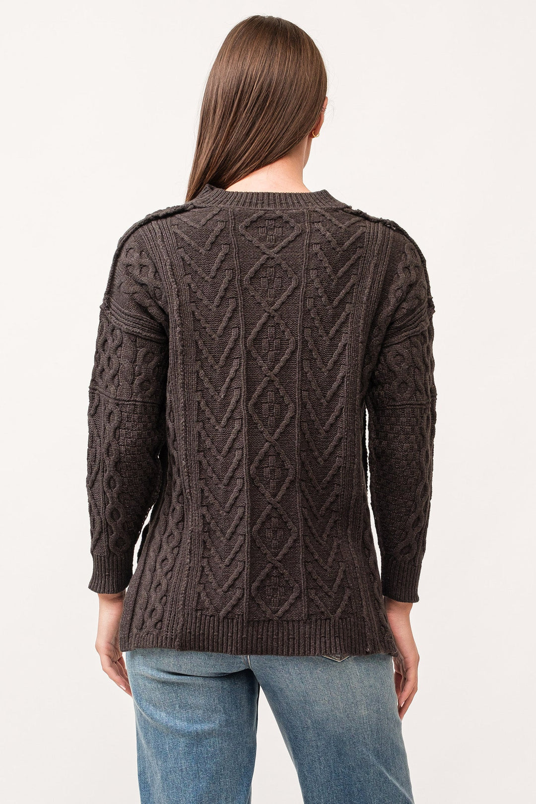 image of a female model wearing a THORA V-NECK LONG SLEEVE RELAXED FIT SWEATER CHARCOAL DEAR JOHN DENIM 