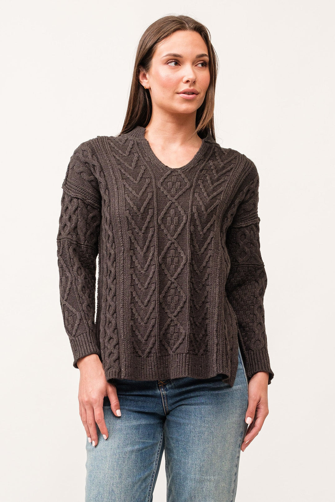 image of a female model wearing a THORA V-NECK LONG SLEEVE RELAXED FIT SWEATER CHARCOAL DEAR JOHN DENIM 