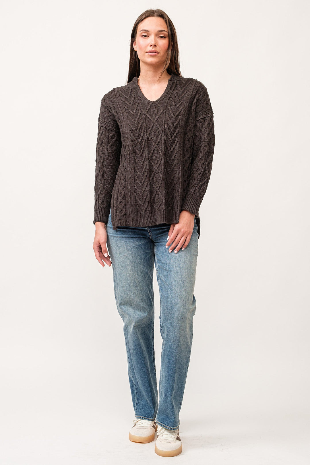 image of a female model wearing a THORA V-NECK LONG SLEEVE RELAXED FIT SWEATER CHARCOAL DEAR JOHN DENIM 