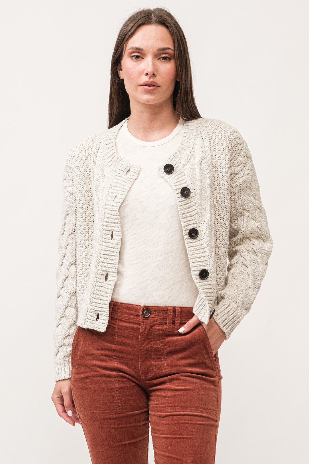 image of a female model wearing a ALMA CROPPED SWEATER PEARL GREY DEAR JOHN DENIM 