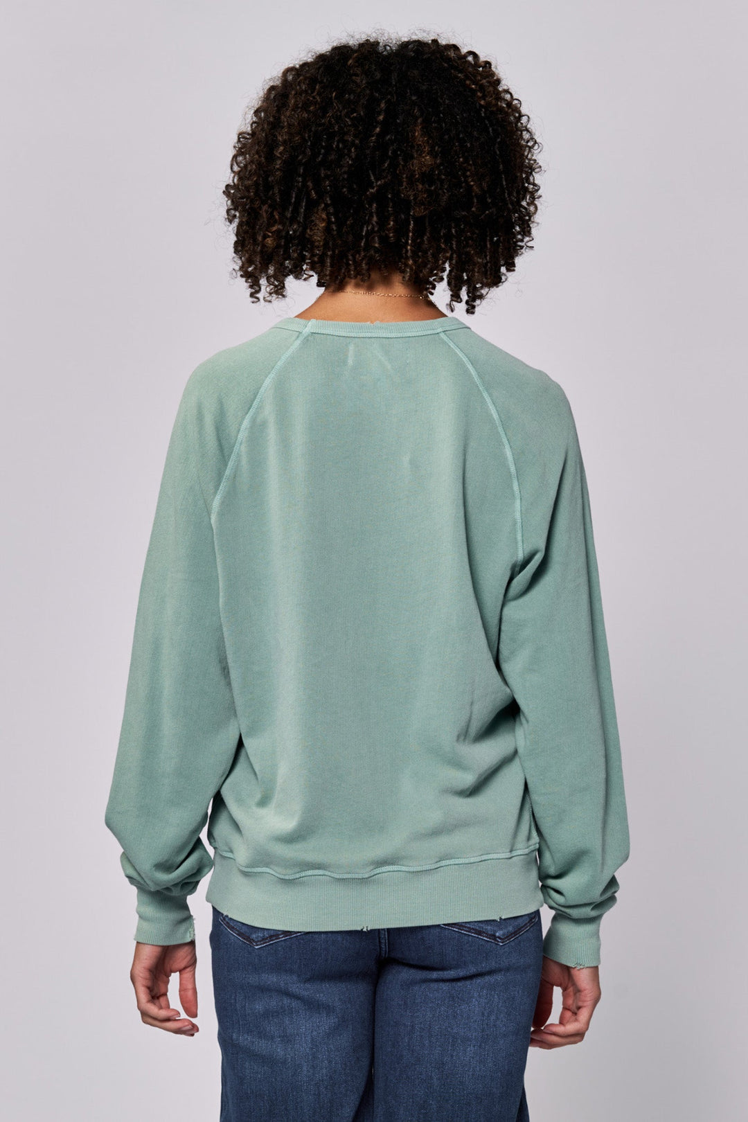 image of a female model wearing a LILJA RAGLAN SLEEVE RELAXED FIT SWEATER ICEBERG GREEN DEAR JOHN DENIM 