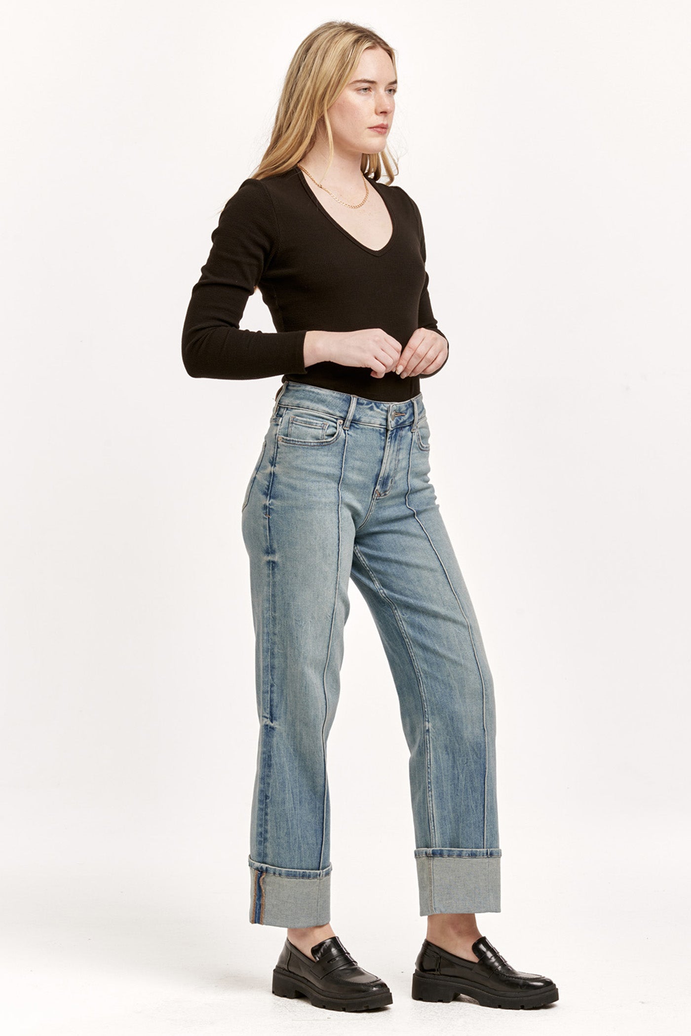 image of a female model wearing a HOLLY SUPER HIGH RISE CUFFED STRAIGHT JEANS PIONEER VALLEY DEAR JOHN DENIM 