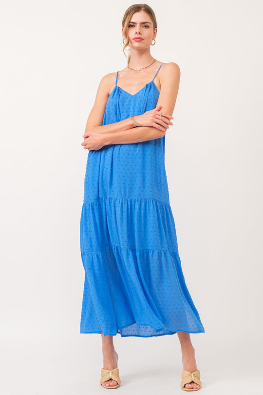 image of a female model wearing a RYO STRAP HALTER DRESS BLUE STAR DEAR JOHN DENIM 