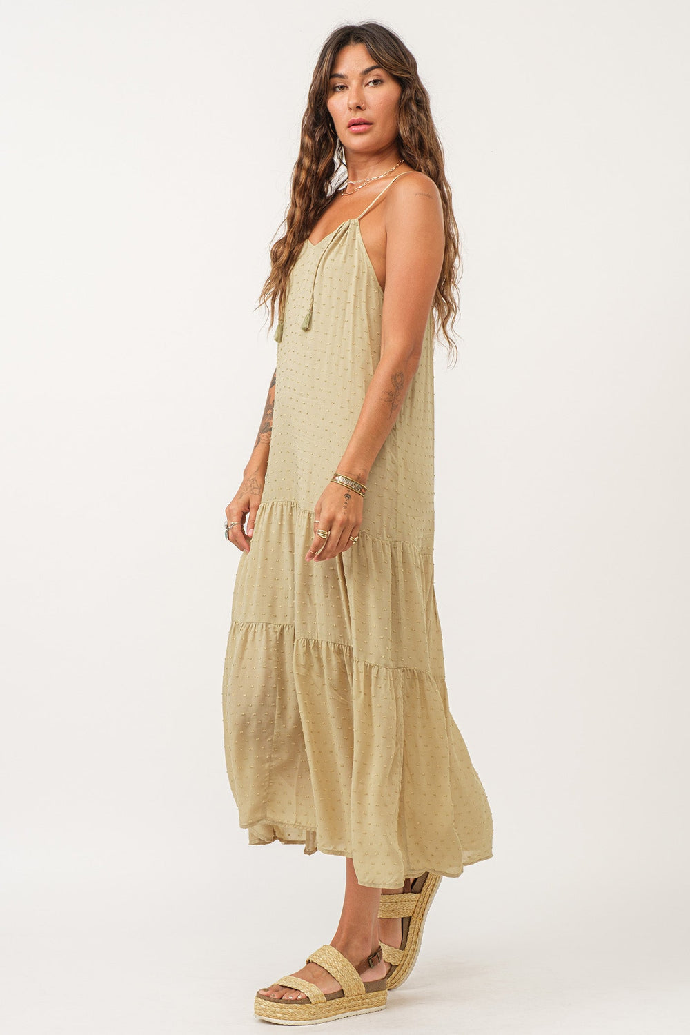 image of a female model wearing a RYO STRAP HALTER DRESS SEA KELP DEAR JOHN DENIM 
