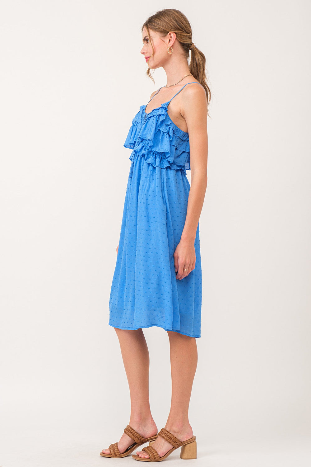 image of a female model wearing a VALENTINA MULTI RUFFLE DRESS BLUE STAR DEAR JOHN DENIM 