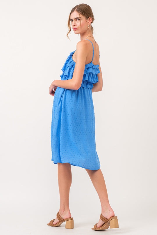 image of a female model wearing a VALENTINA MULTI RUFFLE DRESS BLUE STAR DEAR JOHN DENIM 