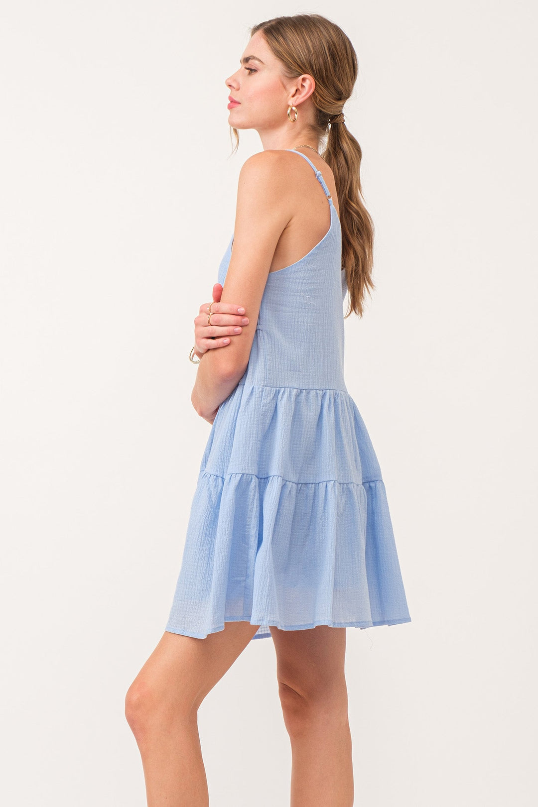 image of a female model wearing a OLEE STRAP TANK DRESS ICE BLUE DEAR JOHN DENIM 