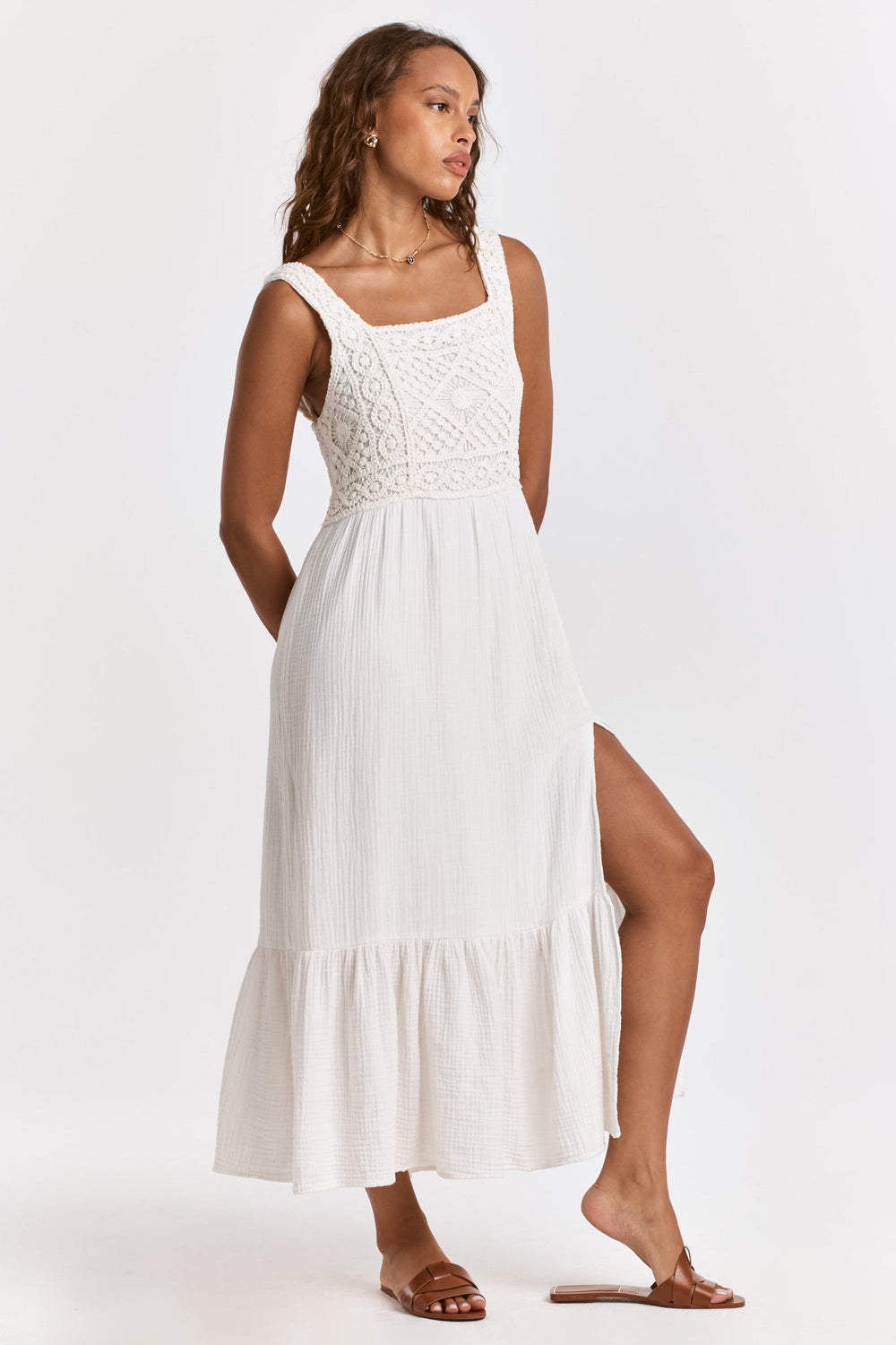 image of a female model wearing a CHASITY EMBROIDERY TANK DRESS WHITE DEAR JOHN DENIM 