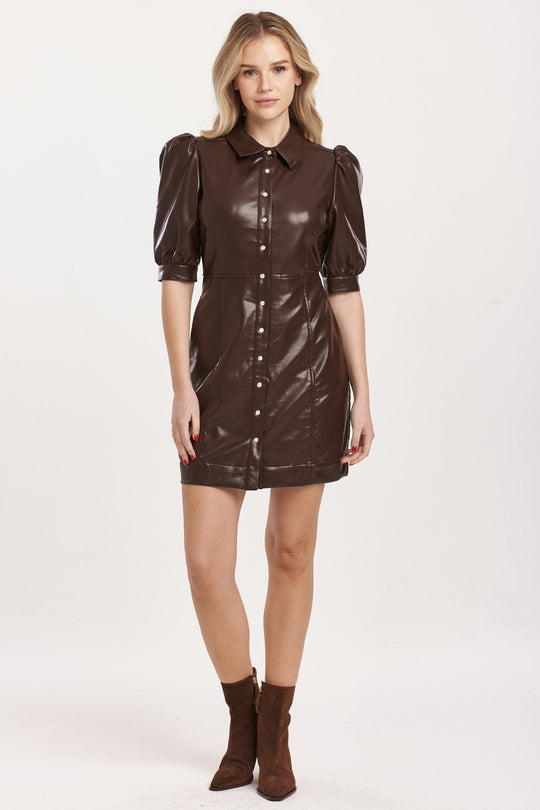 image of a female model wearing a OPHELIA BUTTON DOWN DRESS GROUND COFFEE VEGAN LEATHER DEAR JOHN DENIM 