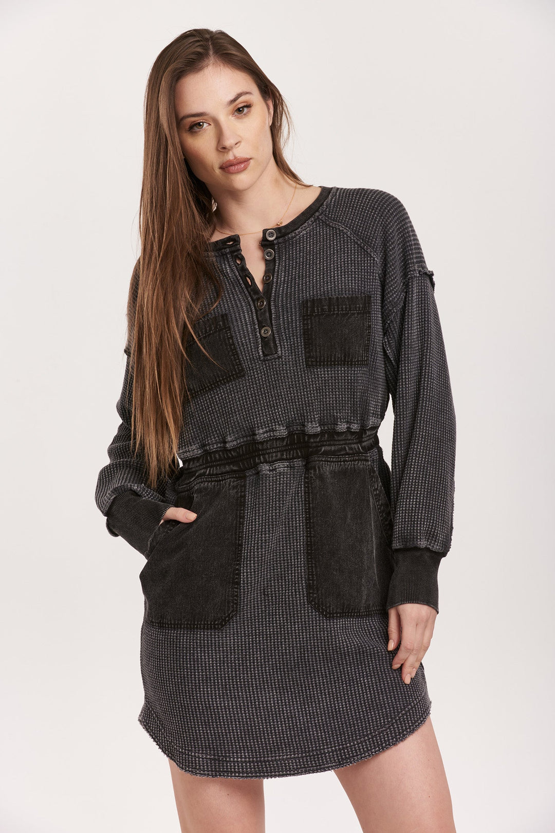 image of a female model wearing a SHIRA THERMAL RAGLAN SLEEVE DRESS BLACK DEAR JOHN DENIM 