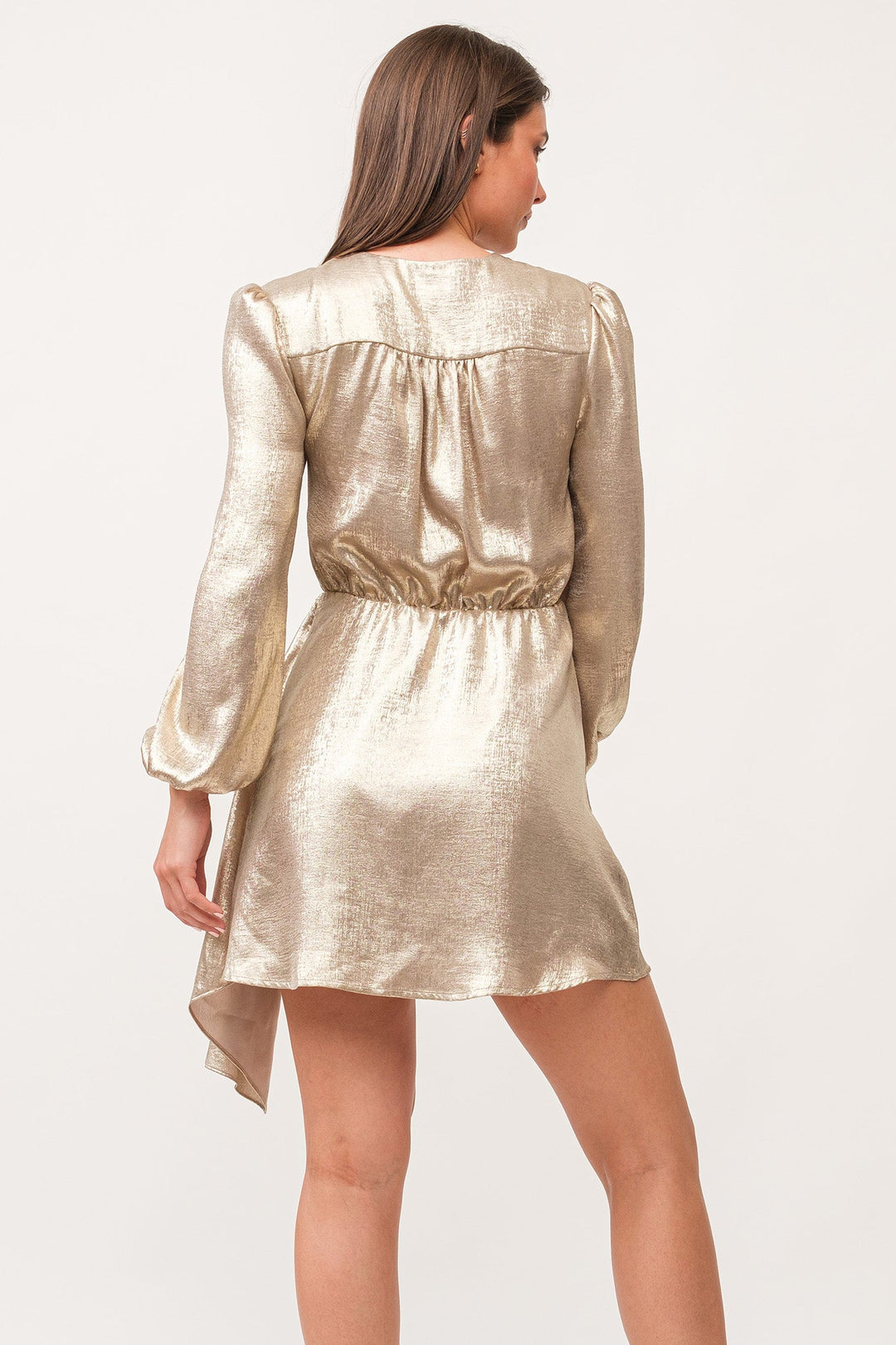 image of a female model wearing a CHIARA V-NECK LONG SLEEVE CLASSIC FIT DRESS GOLD METALLIC DEAR JOHN DENIM 