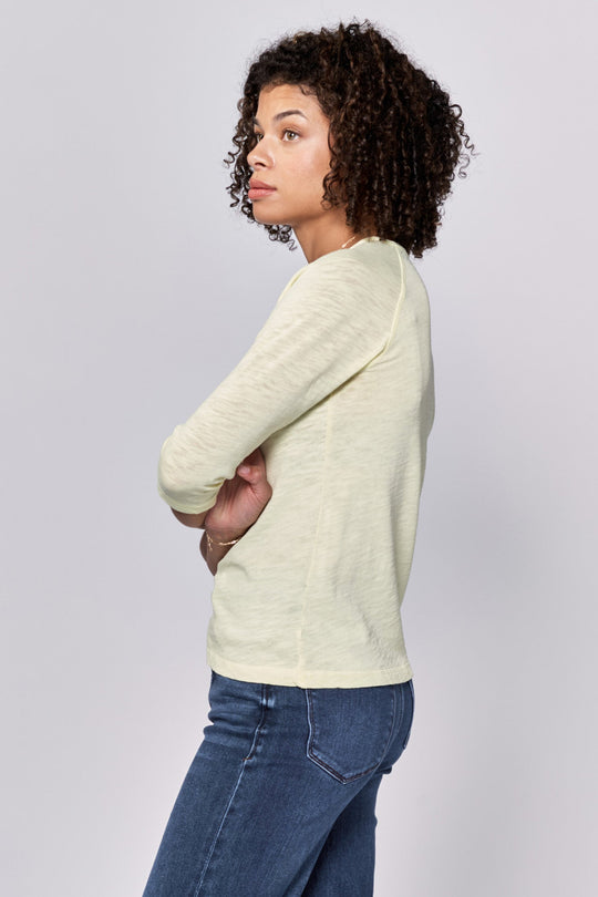 image of a female model wearing a SONOMA CREW NECK RAGLAN SLUB JERSEY TOP PALE LIME YELLOW DEAR JOHN DENIM 