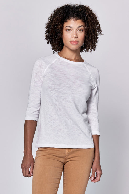 image of a female model wearing a SONOMA CREW NECK RAGLAN SLUB JERSEY TOP WHITE DEAR JOHN DENIM 