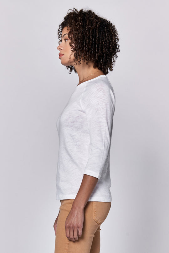 image of a female model wearing a SONOMA CREW NECK RAGLAN SLUB JERSEY TOP WHITE DEAR JOHN DENIM 