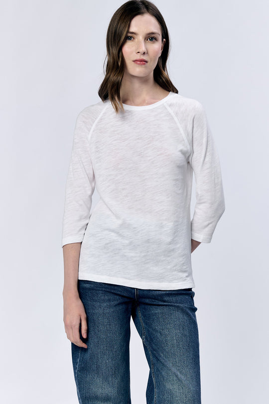 image of a female model wearing a SONOMA CREW NECK RAGLAN SLUB JERSEY TOP WHITE DEAR JOHN DENIM 