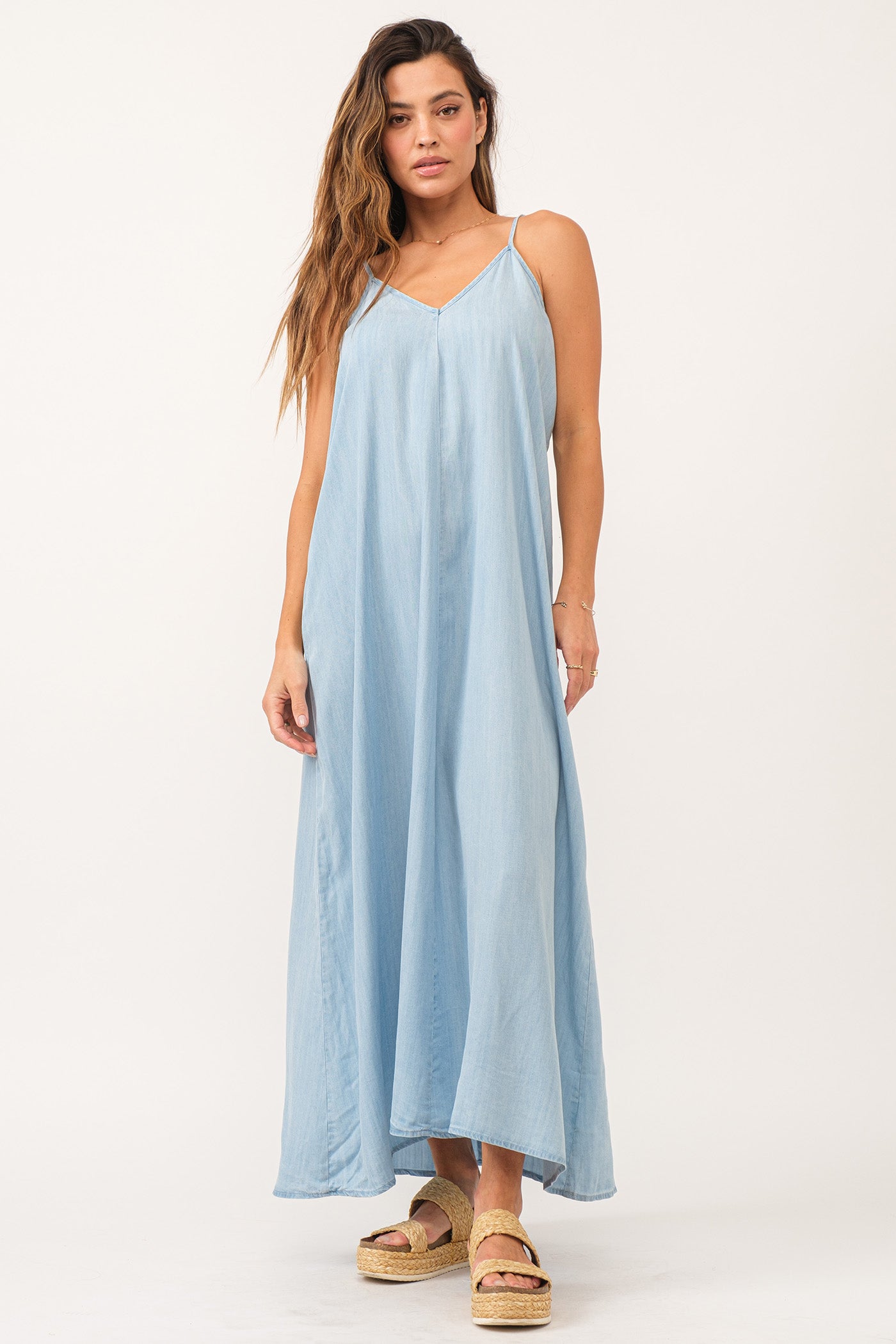 image of a female model wearing a DANA MAXI DRESS PERFECT BLUE DEAR JOHN DENIM 