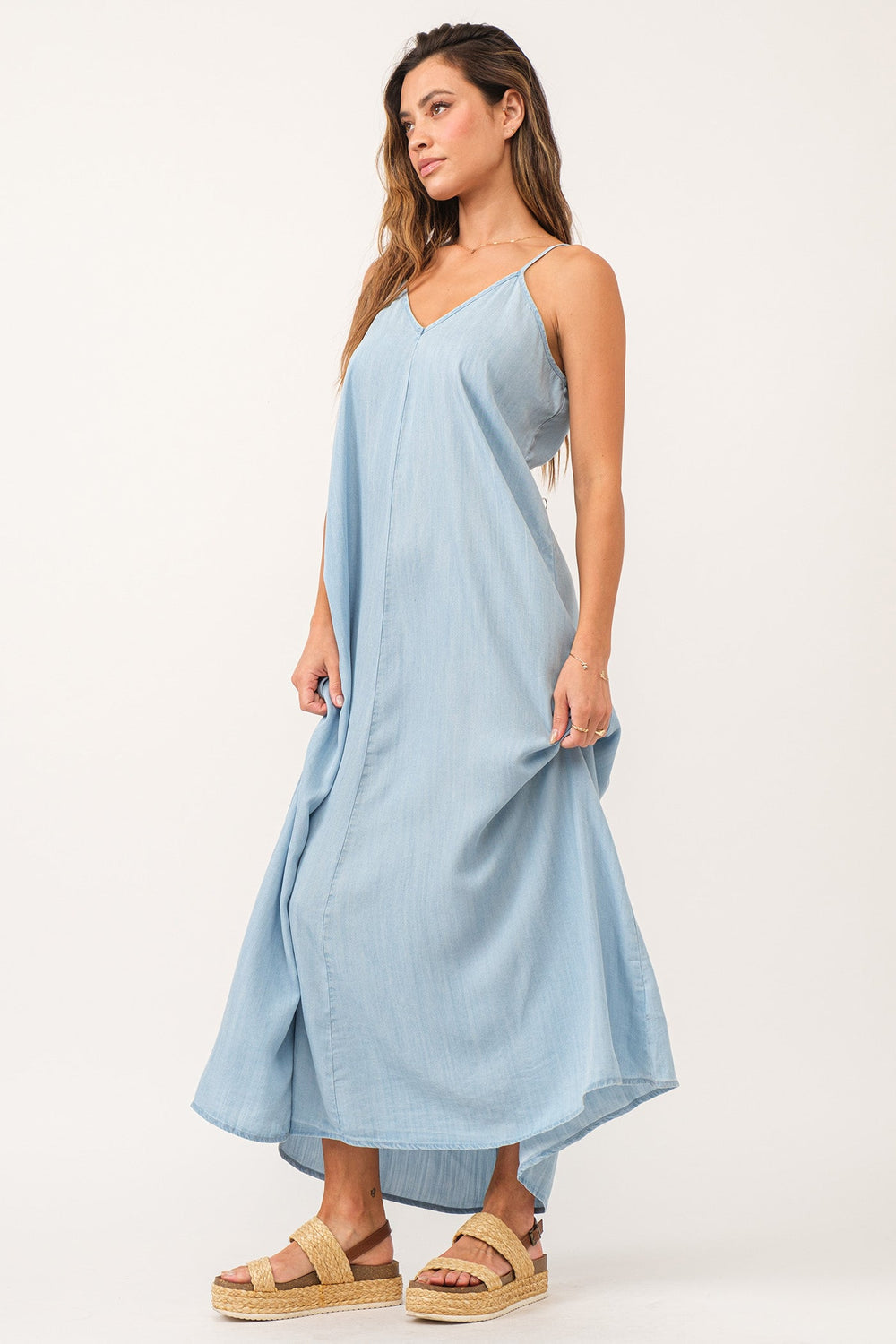 image of a female model wearing a DANA MAXI DRESS PERFECT BLUE DEAR JOHN DENIM 